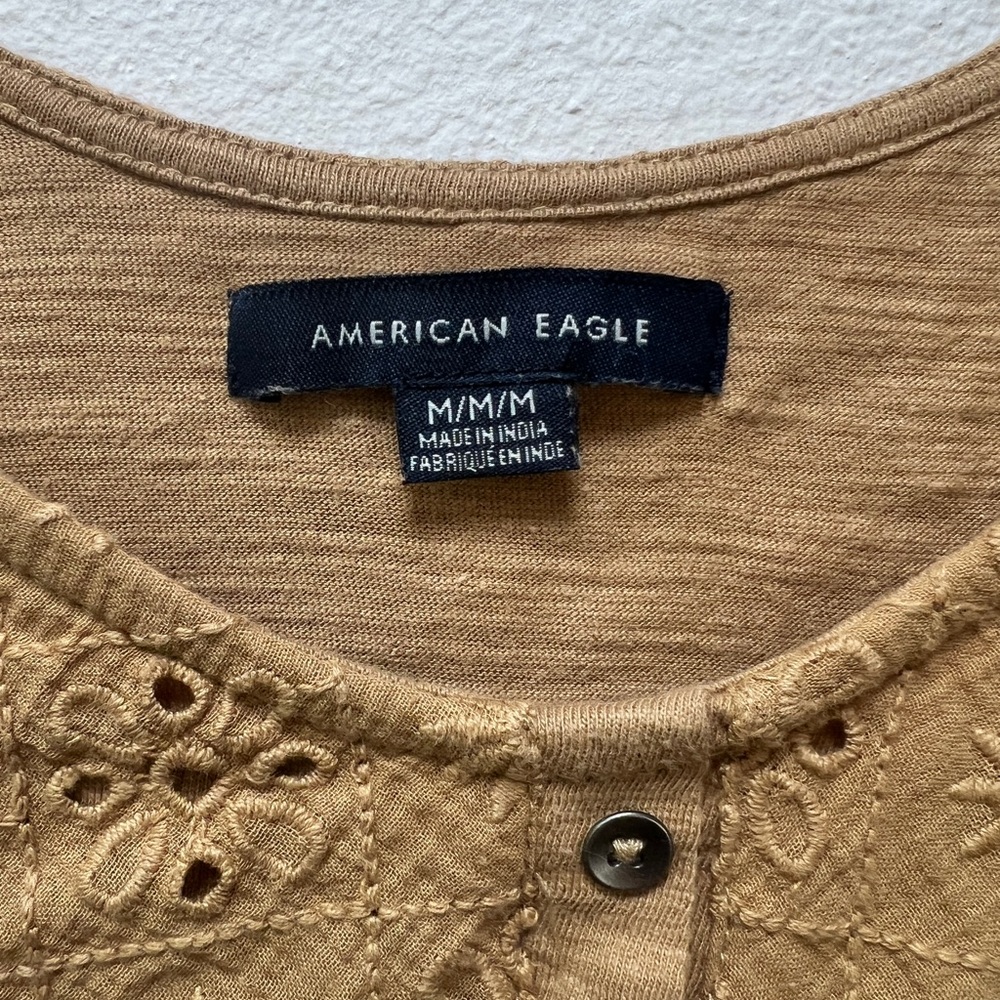 American Eagle Outfitters Tan Flutter Sleeve Blouse with Ruffled Bib Collar - Picture 3 of 5